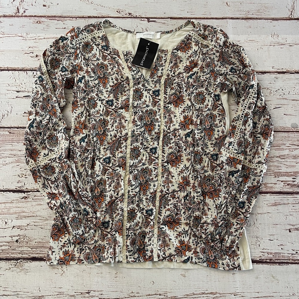 Promod Y2K Designer Stretchy Womens Long Sleeve Paisley Top Size Small